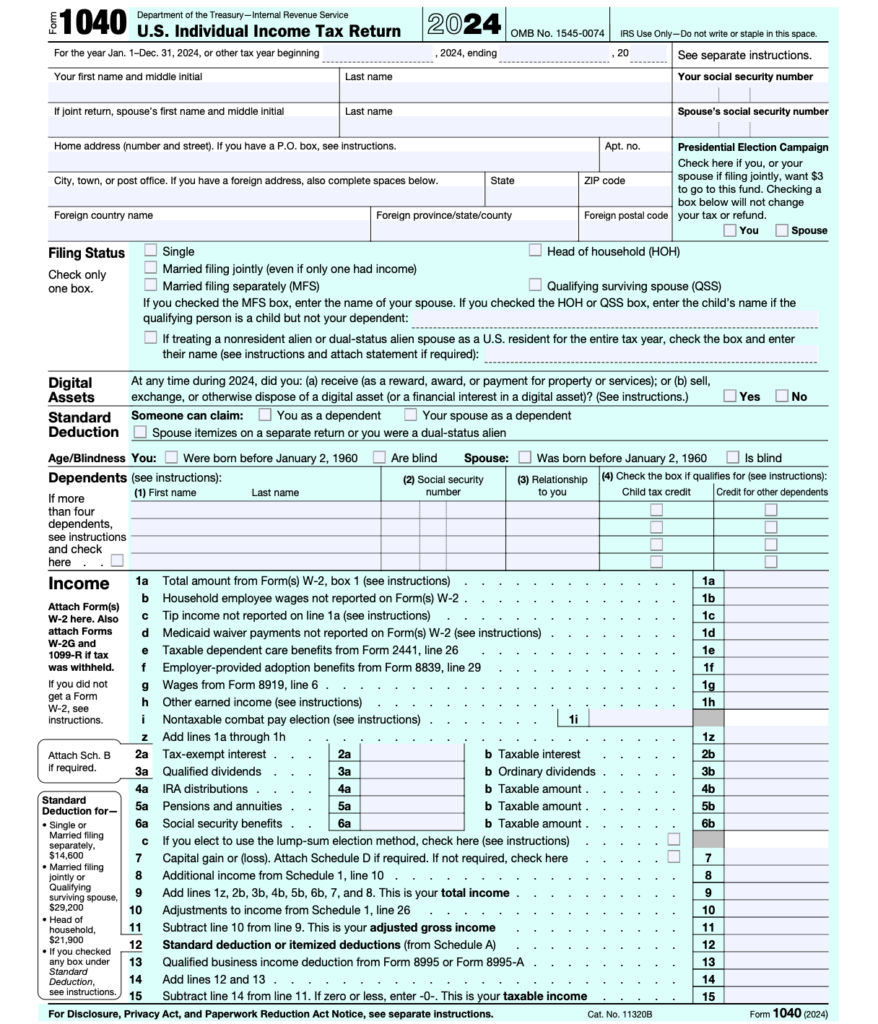 IRS Form 1040, used by taxpayers to file an annual income tax return.